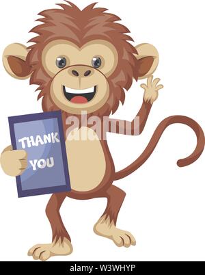 Affe mit vielen Dank Zeichen, Illustration, Vektor auf weißem Hintergrund. Stock Vektor