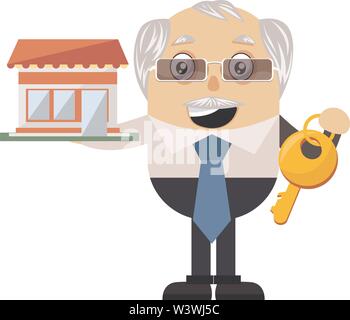 Alter Mann mit großer Schlüssel, Illustration, Vektor auf weißem Hintergrund. Stock Vektor