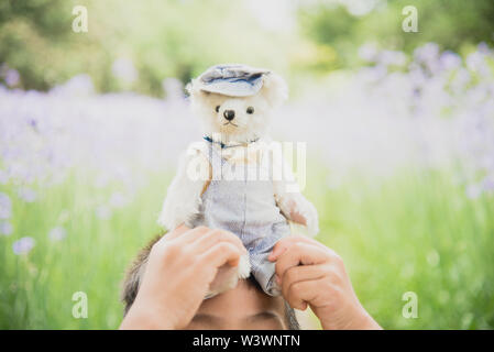 Vibrant outdoor Foto der Teddybär auf dem Hof an der Park mit dem weißen Blume und grüne Gräser Stockfoto