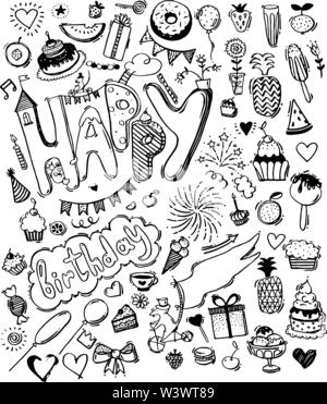 Doodle hand gezeichnete Skizze, von Happy birthday Design Elemente einstellen. Obst, Kuchen, Luftballons, Urlaub Dekorationen. Kinder s Geburtstag, cute Cartoon Stil. Vector Illustration. Stock Vektor