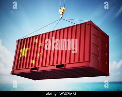 Cargo Container mit Flagge von China gegen den blauen Himmel. 3D-Darstellung. Stockfoto
