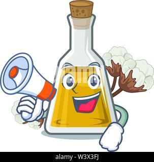 Mit Megafon cottonseed Öl in ein Maskottchen Flasche Vector Illustration Stock Vektor