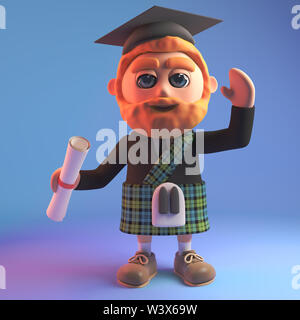 Gebildete schottischen Mann in 3d trägt einen Tartan Kilt und Mörtel Board nach dem Diplom, 3d-Grafik rendern Stockfoto