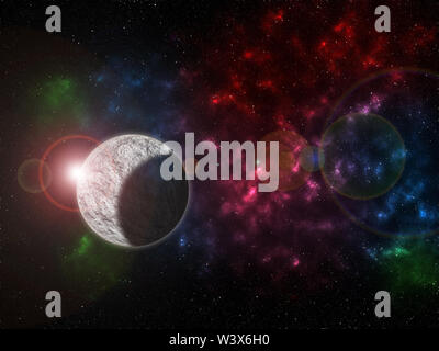 Universum mit einem leuchtenden Stern und kleine Sterne, Nebel und Galaxien gefüllt Stockfoto
