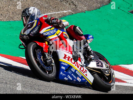 Apr 14, 2019 Monterey, CA, USA #23 Ryuichi Kiyonari in der Korkenzieher während der MOTUL FIM Superbike Weltmeisterschaft Geico US-runde Welt SBK 2. Rennen an Weathertech Raceway Laguna Seca in Monterey, CA Thurman James/CSM Stockfoto