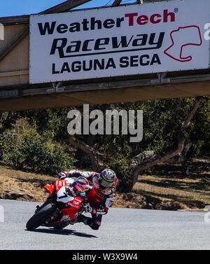 Apr 14, 2019 Monterey, CA, USA #7 Chaz Davies in Turn 9 während der MOTUL FIM Superbike Weltmeisterschaft Geico US-runde Welt SBK 2. Rennen an Weathertech Raceway Laguna Seca in Monterey, CA Thurman James/CSM Stockfoto