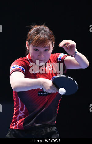 Johor Bahru, Malaysia. 18 Juli, 2019. Miyu Kato von Japan konkurriert während der Damen gegen ihre teamkollegin Mima Ito an T2 Diamond 2019 Malaysia Tag 1 in Johor Bahru, Malaysia, 18. Juli 2019. Credit: Zhu Wei/Xinhua/Alamy leben Nachrichten Stockfoto