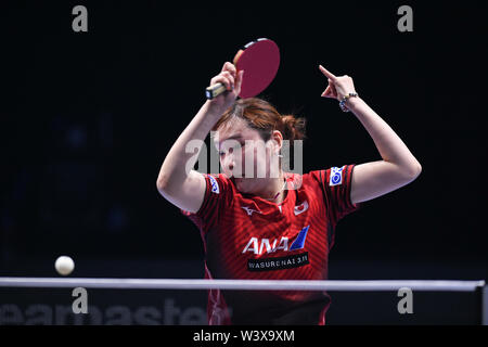 Johor Bahru, Malaysia. 18 Juli, 2019. Miyu Kato von Japan konkurriert während der Damen gegen ihre teamkollegin Mima Ito an T2 Diamond 2019 Malaysia Tag 1 in Johor Bahru, Malaysia, 18. Juli 2019. Credit: Zhu Wei/Xinhua/Alamy leben Nachrichten Stockfoto