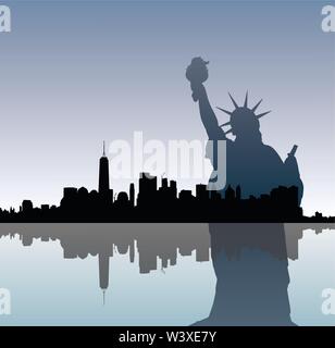 Silhouetten der Freiheitsstatue und Manhattah Skyline. Stock Vektor