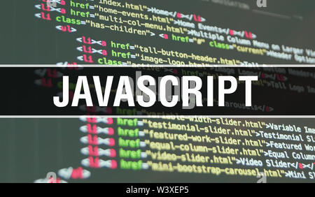 JAVASCRIPT Konzeption Illustration mit Code für die Entwicklung von Programmen und App. JAVASCRIPT website Code mit bunten Tags in Browser anzeigen auf dunklen backgr Stockfoto