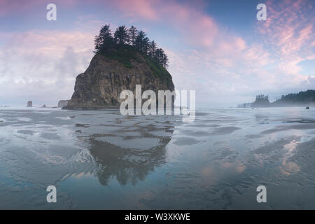 Sonnenaufgang über dem Pazifik durch Meeresbögen an einem Strand im Olympic National Park, La Push, Washington, USA Westküste usa Stockfoto