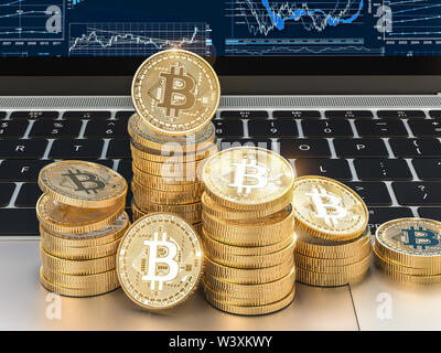 3D-Bild rendern von Gold bitcoin Münzen auf modernen Laptop. Und Blockchain cryptocurrency Konzept. Stockfoto