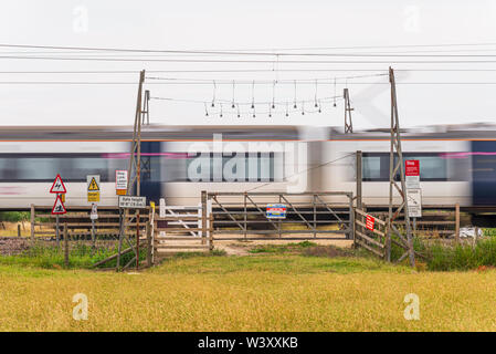 Unbeaufsichtigte Bahnübergang, unkontrollierte Tore in einem Feld. C2C-Linie durch Hadleigh Country Park, Essex, Großbritannien. Recht der Öffentlichkeit. Warnung Stockfoto