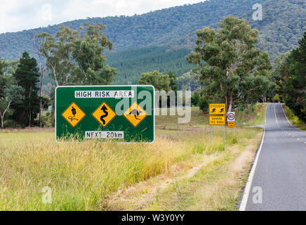Vielfalt australischer Straßenschilder auch Risikoreiche, Radfahrer teilen der Straße und neue Höchstgeschwindigkeit auf der Straße in High Country Victoria Australien Stockfoto