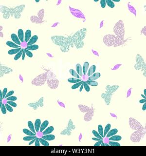 Modernen Flügel texturierte Schmetterlinge, Blumen und Blätter in Blau, Rosa und Lila. Die nahtlose Vektor Muster auf Creme Hintergrund. Perfekt für Wellness, baby Stock Vektor