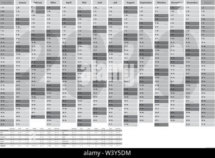 Wand jahres Planer oder Kalender für das Jahr 2020 mit deutschen Feiertagen und Schulferien Termine für alle deutschen Bundesländer Stock Vektor