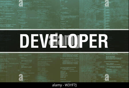 Entwickler Konzept mit zufälligen Teilen des Programmcodes. Entwickler mit Programmiercode abstrakte Technologie Hintergrund der Software Entwickler und Computer Stockfoto