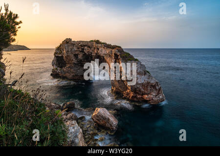 Natural Arch'Es Pontas' (Cat.: Die große Brücke) in Santanyi, Mallorca, Spanien bei Sonnenaufgang (golden hour) mit Pflanzen als Vordergrund - Querformat Stockfoto