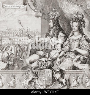 Allegorie der Krönung des englischen Königs Wilhelm III. und Königin Maria II. am 11. April 1689. Nach einer Arbeit von Romeyn de Hooghe. Stockfoto