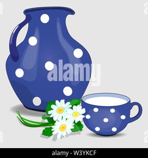 Geschirr für Flüssigkeit. Keramikkanne. Ein Becher voll Milch., EIN Bouquet von Gänseblümchen. Isoliert, weiß ..Vektor Stock Vektor