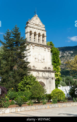 Glockenturm des Klosters Agios Gerasimos, Kefalonia, Ionische Inseln, Griechenland, Europa Stockfoto