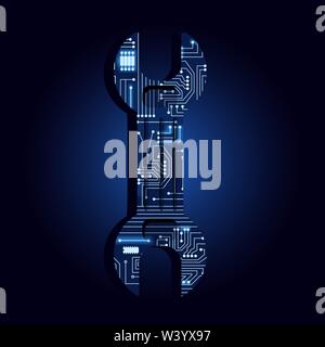 Schraubenschlüssel mit elektronischer Schaltkreis gefüllt. Blau und hellen Hintergrund. Stock Vektor