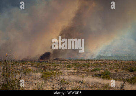 Aus dem Rauch aufsteigt, Costolon Feuer entlang des Rio Grande. Stockfoto