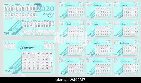 2020 Kalender Planung mit Platz für ihr Logo oder Namen der Firma. Sonntags in Rot hervorgehoben. Englisch Routenplaner. Mint Hintergrund. Vector template 10 EPS Stock Vektor