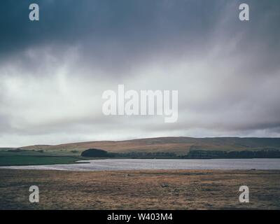 Schöne Aufnahme ein großes Feld mit Hügeln und einem See Während eines regnerischen Tages auf dem Land Stockfoto