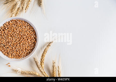 Weizenähren und Schüssel von Körnern auf weißem Hintergrund, flach. Stockfoto