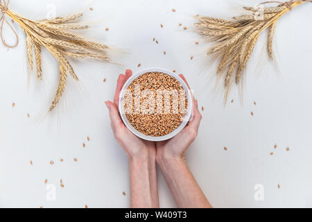 Schüssel mit Roggen Getreide in weibliche Hände auf weißem Hintergrund Stockfoto