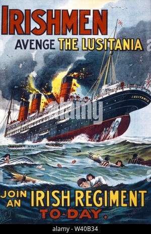 RMS Lusitania britische Passagierschiff gesunken am 7. Mai 1915 von einem deutschen U-Boot, 11 Meilen vor der Küste des südlichen Irland als Recruiting Poster verwendet Stockfoto