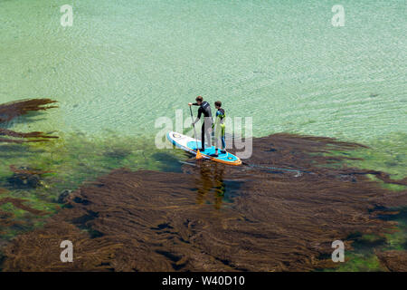 Zwei Jungen auf einem Paddle Board in der Küstenstadt Harbour Village von Camborne, Cornwall, England. Stockfoto