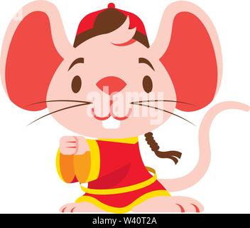 Süße pinky Maus mit großen Ohren trägt traditionelle chinesische Tangzhuang kostüm Gruß Gong Xi Fa Cai. Chinesisches Neues Jahr 2020 das Jahr der Ratte/Mäuse/m Stock Vektor