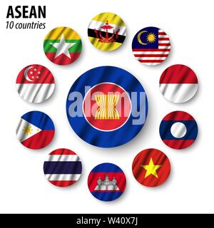 Flagge ASEAN (Verband Südostasiatischer Nationen) und Mitgliedschaft. Winkende Stoff Design. Vektor. Stock Vektor