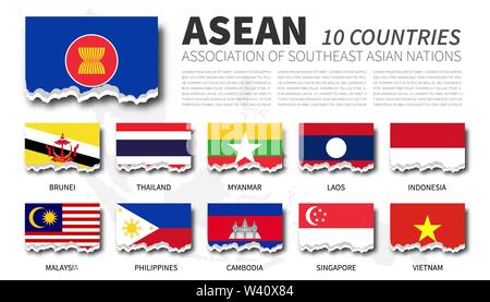 Flagge ASEAN (Verband Südostasiatischer Nationen) und die Mitgliedschaft auf Südostasien Karte Hintergrund. Zerrissenes Papier Design. Vektor. Stock Vektor