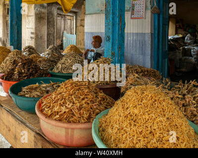 25 Jun 2019 Ladenbesitzer vor Körbe, mit unterschiedlichen Arten von getrockneten Fisch Shop am allgemeinen Markt Bezirk Raigadh Maharashtra Indien gefüttert Stockfoto