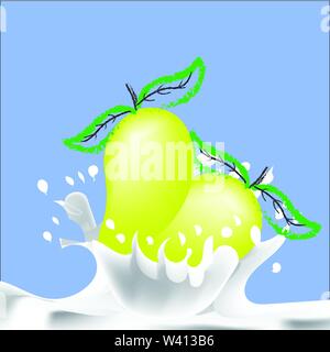 Mango und Milch splash logo Vektor auf blauem Hintergrund isoliert Stock Vektor