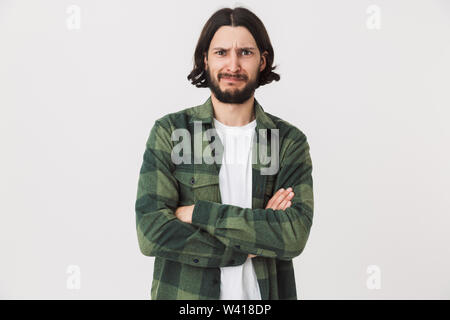 Porträt eines umgekippten junge Bartgeier brünett Mann mit Plaid Shirt auf weißem Hintergrund Stockfoto