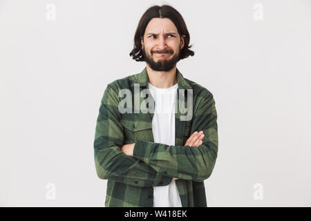 Porträt eines umgekippten junge Bartgeier brünett Mann mit Plaid Shirt auf weißem Hintergrund Stockfoto