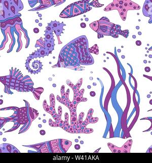 Cute abstrakte nahtlose Muster mit Meer Fische, Seesterne, Korallen, Seepferdchen, Quallen und Algen auf weißem Hintergrund Stock Vektor
