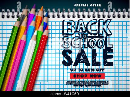 Zurück zu Schule Verkauf Design mit bunten Bleistift und Typografie Buchstabe auf quadratischen Raster Hintergrund. Vektor Bildung Konzeption Illustration für Besondere Stock Vektor