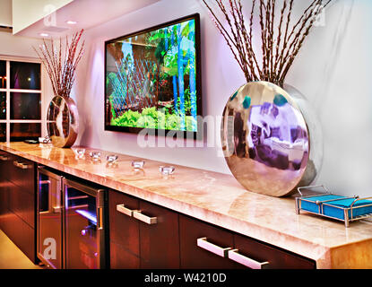 Gut Küche Wand mit schönen Holz- Regal und Racks für Utensilien, aquarium Gemälde an der Wand. Stockfoto