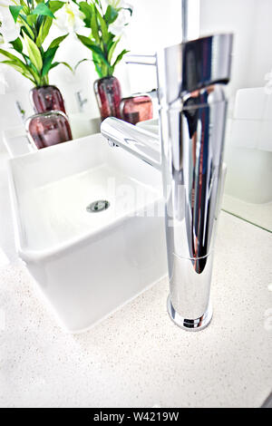 Silber Mischbatterie mit Waschbecken in der Nähe neben Vase und Anlage mit grünen Blättern, die Tap glänzend ist und klar auf die keramische Zähler, der Hintergrund ist blurre Stockfoto