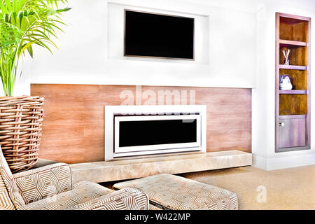 Fernseher mit Möbeln im luxuriösen Wohnzimmer gibt es einen schönen grünen Baum Vase in der Nähe der Stuhl, Holzschrank einschließlich einige Zubehörteile schließen Stockfoto