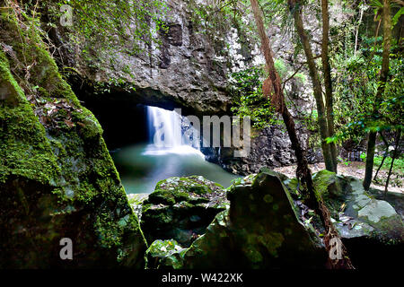 In der Nähe von Grün und bemoosten Felsen unter Tress mit einem kleinen Wasserfall in der dunklen Höhle unter einem riesigen Felsen Stockfoto