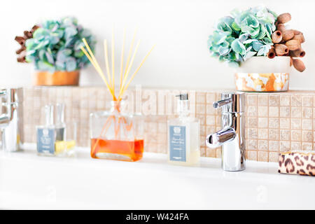 Silber Hahn in einem Waschraum mit aromatischen Diffusor Parfüm und phantastischen Elementen Fokussierung der Edelstahl eines modernen Haus oder Hotel Stockfoto