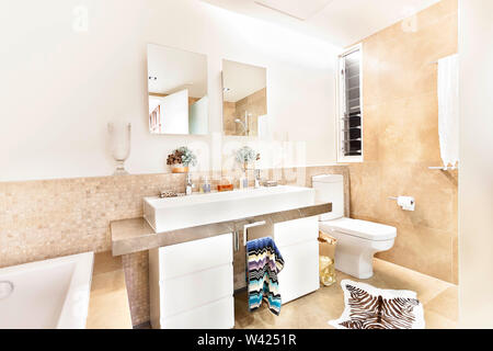 Badezimmer mit der Toilette und neben dem Waschbecken und Spiegel mit einigen Fancy Pants" tippen, Parfüm und flüssiges Glas Flaschen können in den Ländern gesehen werden. Stockfoto