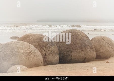 Geheimnisvolle Moeraki boulders an in Neuseeland Stockfoto