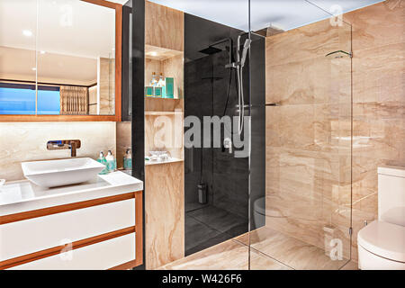 Ein sich voguish Bad mit einem Glas getrennte Dusche, ein Waschbecken und ein WC-Sitz Stockfoto